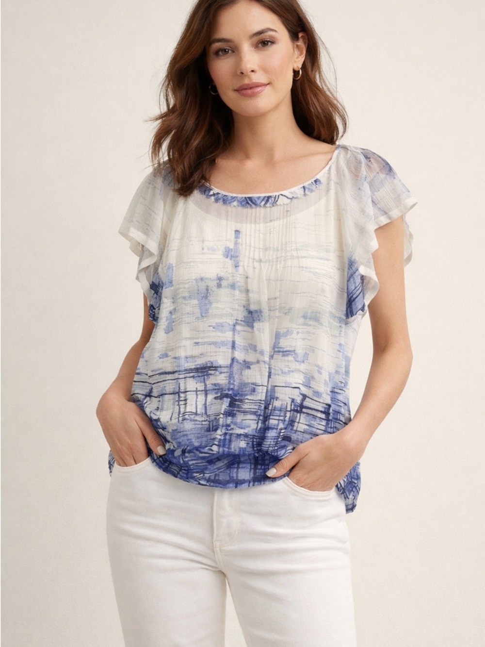 Banana Republic Blue & White Watercolor Flutter Top